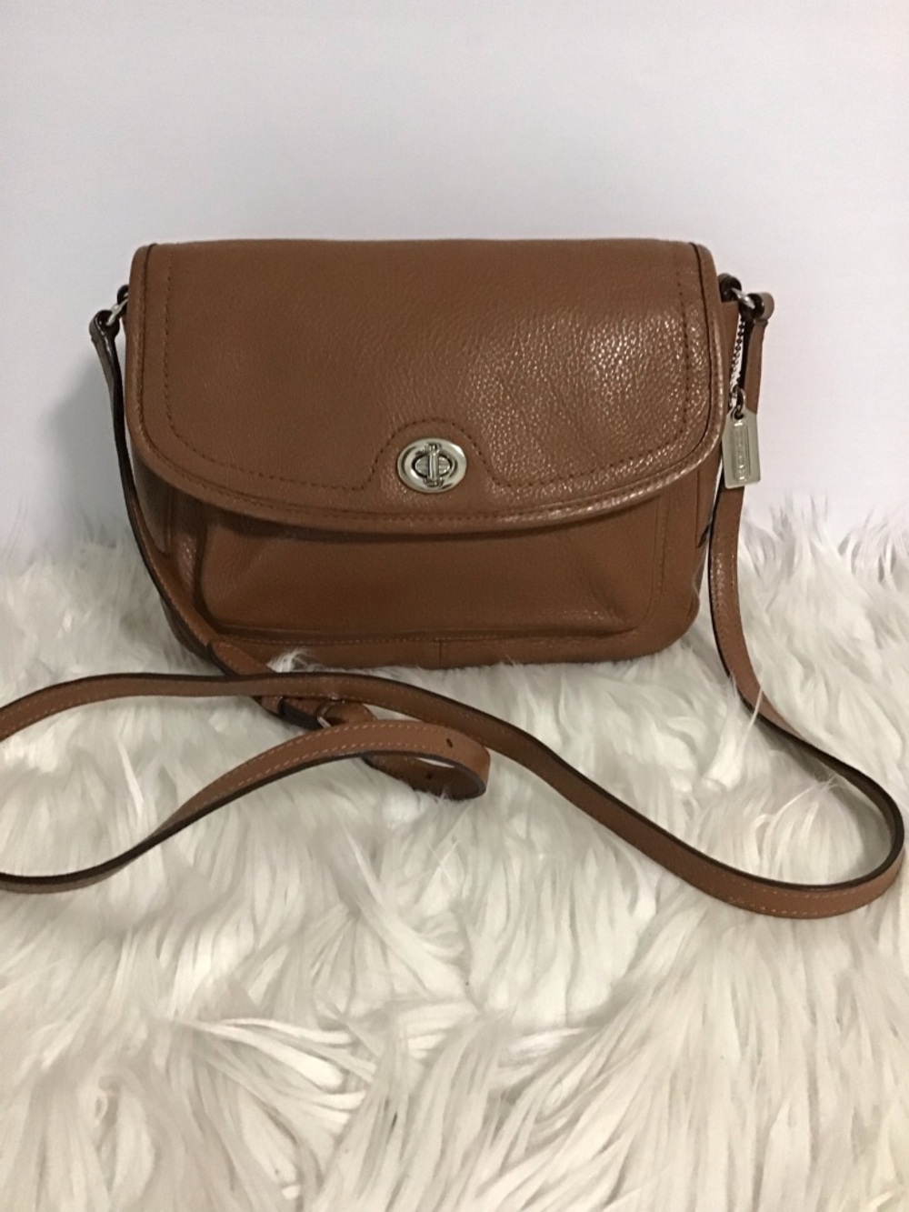 COACH Leather Flap Crossbody Bag Brown Pebble Leather Silver Hardware EUC